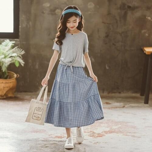 2021 New Girls Clothes Set Kids Summer Suit Gray Tops and Plaid Midi Skirt Cotton Bow Teen Two Pieces Set Children Suit,#6270
