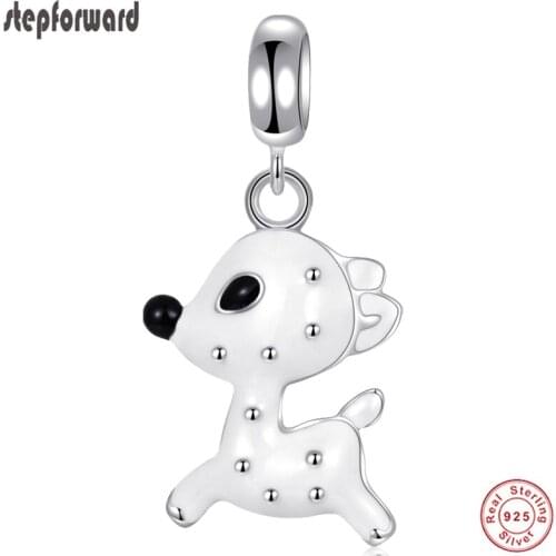STEP FORWARD New Arrival Running Dog Charms 925 Sterling Silver Pendants White Enamel Hanging Women Charm Fit Bracelet Necklace