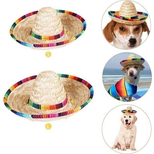 Woven Straw Mexican Hat Czapka Niemowleca Cap For Dogs Costume Sombrero Adjustable Buckle Hawaii Style Funny Accessories