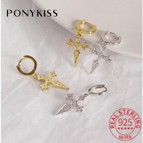 PONYKISS S925 Sterling Silver Zircon Cross Pendant Hoop Earrings Gothic Fashion Accessory Women Summer Bohemia Delicate