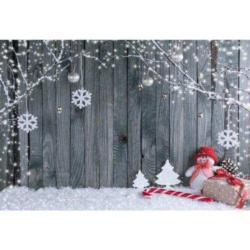 Gray Wooden Board Wall Snow Floor Photography Background Snowman In Red With Gift Box Trees With Snow Backdrop For Xmas Day