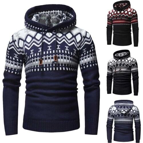 Mens Hooded Sweater Long Sleeve Color Matching Knitted Pullover Sweater with Drawstring Casual Slim Type Tops