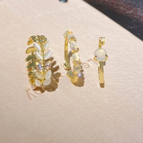 Vintage Opal Stone Paved Flower Leaf Finger Rings For Women Delicate Adjustable Rings Wedding Party Jewelry Accessories