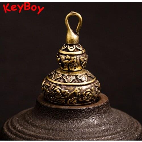 Vintage Brass Chinese Letters Blessing Lotus Gourd Charms Can Open Handmade Copper Lucky Crafts Men Car Key Chain Rings Pendants