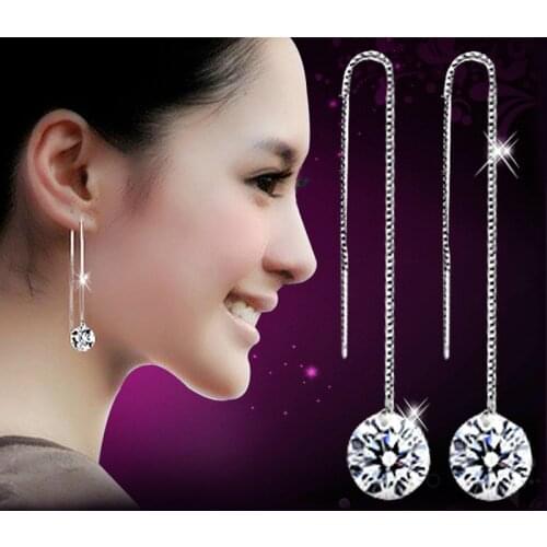 High Quality Korean Version Silver Color Luxury Bling Crystal Long Stud Earrings Ear Wire Jewelry Ball Shape Design wholesale