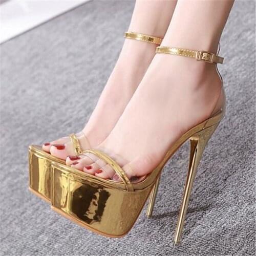 Women Sandals 17.5CM Thin High Heels Summer Brand Party PVC Buckle Strap Open Toed waterproof Party Wedding shoes for women 2020