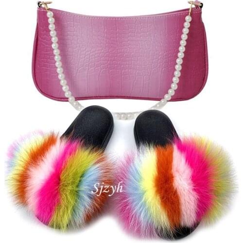 Womens Summer Fox Fur Slippers Jelly Shoulder Bag Shoes Sets Girls Fluffy Slides Rainbow Purse Ladies Plush Sandals Handbag