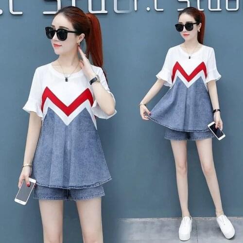 2021 New Summer Womens Suit Shirt Fashion Korean Jean Crop Top Casual Denim Biker Shorts Two Piece Sets Women Plus Size Clothes