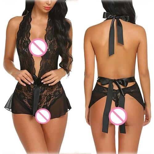 Ladies Hanging Neck Mesh Cardigan Catsuit Erotic Womens Sexy Underwear Bow Tie Belt Cosplay Costume Temperament Dress Clothes