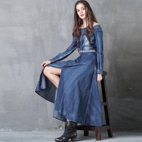 Spring New One-Neck Embroidered Denim Women Dress 2021 High Quality Fashion Retro Long-Sleeved Split Womens Long Dress NBH02