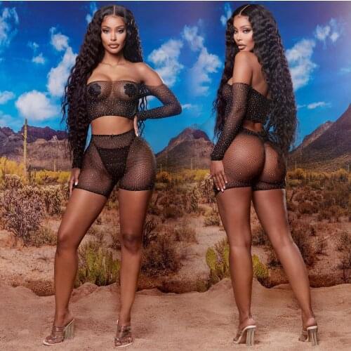 2021 2 Piece Set Women Fall New Sexy Club Outfits Long Sleeve Off The Shoulder Crop Top And Shorts Diamonds Mesh Two Piece Set