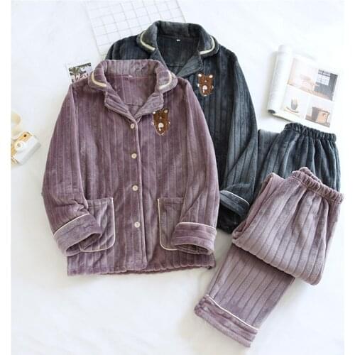 2021 Winter Warm Thick Coral Fleece Pajamas Men Women Long-sleeved Sleepwear Pijama Couple Home Nightwear Cardigan Pyjamas Set