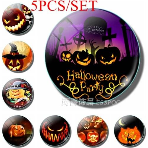 5PCS/SET Fashion Halloween Pumpkin Head 25MM Glass Dome Cabochon Black Cat Pendant Making Keychain Jewelry Halloween Gift