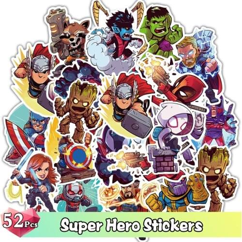 52 Pcs Cute Super Hero Stickers Cartoon Funny Graffiti JDM Sticker for Skateboard Laptop Luggage Furniture Decal Toy