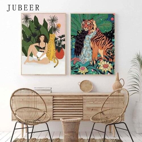 Boho Style Picture Girl Tiger Poster Animal Canvas Decoration Pictures Room Wall Nordic Art Print Morden Picture for Living Room