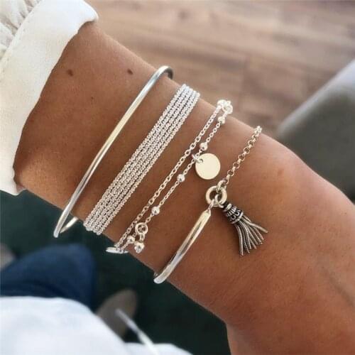 Unisex Multilayer Thick Chain Bracelets Bangles Boho Beads Sequins Bracelet Set For Women Alloy Tassel Charm Bracelet Jewelry