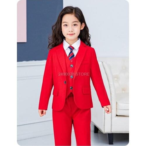 Brand Girls Formal Blazer Jacket Vest Pants Tie 4PCS Suit for Weddings Flower Girls Tuxedo Children Prom Performance Costume