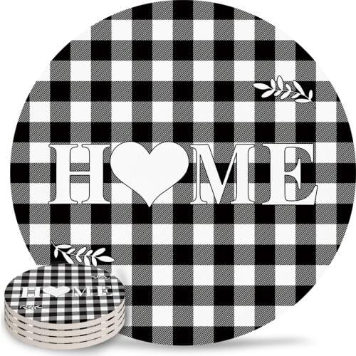 Black And White Plaid Farm Love Coasters Coffee Table Decor Kitchen Accessories Ceramic Coaster Dinning Table Decor Placemats