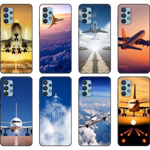 Black tpu Case For Samsung galaxy A32 A42 A52 A72 4g 5g S21 PLUS ultra back cover Aircraft Airplane fly travel cloud Sky