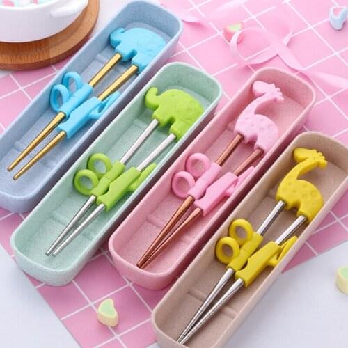1Pair Training Chopsticks Stainless Steel with Plastics Handle For Child Learning Helper Chopstick Beginner Practise Super Cute