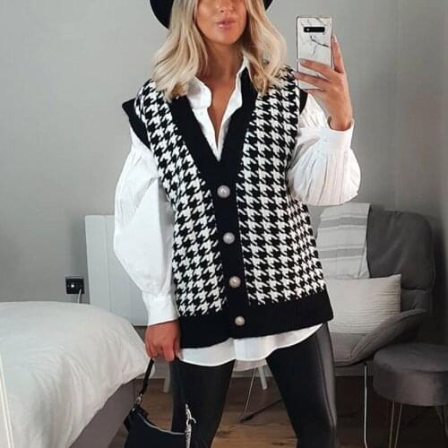 Autumn Winter V Neck Houndstooth Vest Cardigans 2020 Casual Black Sleeveless Sweater Women Loose Knitted Fashion Jumper Vest