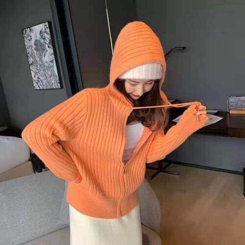 2021 new female autumn outer wear loose lazy fashion hooded zipper knitted cardigan jacket trendy sweater