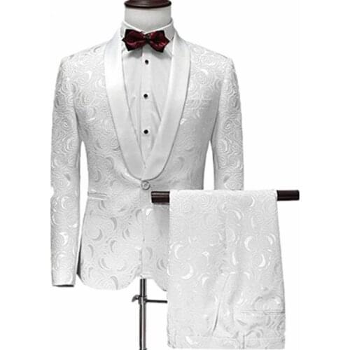 Classic Men Suit One Button White Jacquard Suit with Pants Tuxedo Shawl Collar Wedding Suit Custom Made 2 Pieces(Jacket+Pants)