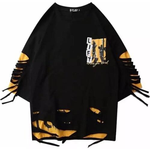 Hip Hop Creative T shirts Men Women 2021 Summer Japanese Style Hole T-shirts Streetwear Couple Tops Tees Male Black A05