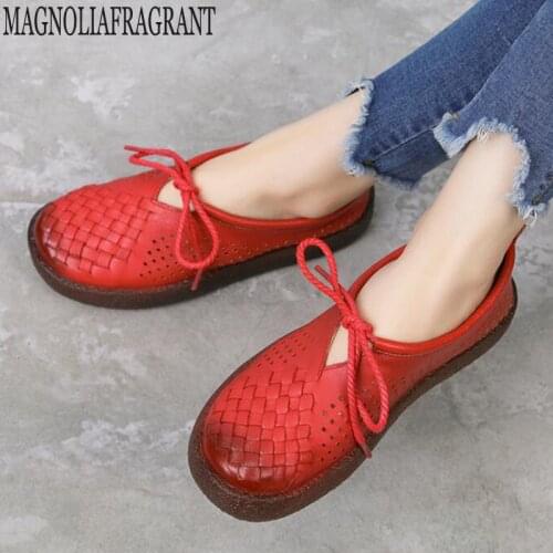 Retro Handmade Genuine Leather Loafers Flat Shoes Women Spring Round Toe Hand weaving Soft Slip-On Casual Lady Flat Shoes c826
