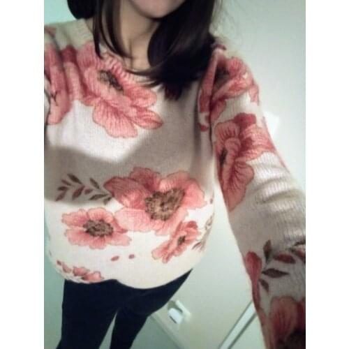 Mohair Jumper Women Pink Flower Chic Round Neck Jumper - Ladies O Neck Leonard Multicoloured Jacquard Sweet Sweater Pullover Top