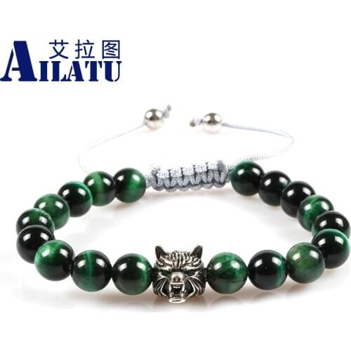 Ailatu New Design Men Bracelet Made of 8mm Green Tigers Eye Stone and Wolf Head Charm Micro Pave Green Cz Eyes