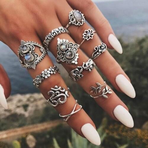 11 Pcs/Set Bohemian Vintage Elephant Leaves Flower Cross Personality Ring Set Women Wedding Party Jewelry Gifts