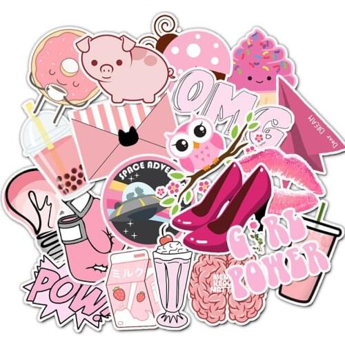 50 PCS Cartoon Pink stickers Waterproof Girl Skateboard Scrapbook Suitcase Decals To DIY Bicycle Helmet Animal Laptop Sticker