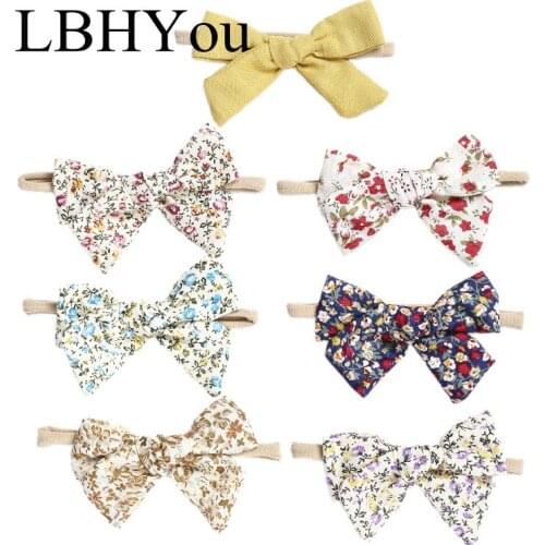 Newborn Baby Girls Floral Prints Bows Nylon Headbands,Summer Spring Fabric Linen Cotton Knot Bow Elastic Stretchy Hairbands