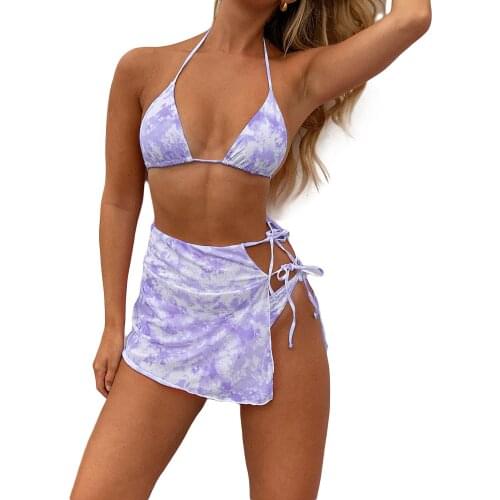 Newest Arrival Women Tie Dye 3 Piece Swimsuit Sets Halter Bra + High Waist Thong + Wrap Skirt Swim Bath Wear Summer Beach Wear