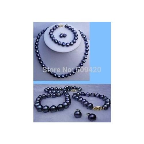 8-9mm genuine black Akoya Cultured Pearl necklace/bracelet/earrings set