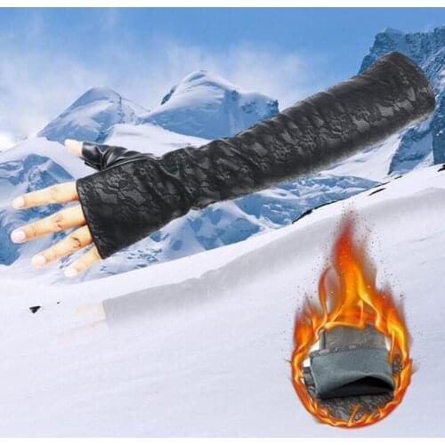 Fashion Sexy Female Half Finger Punk Dance Gloves Winter Women Sport Fitness Long Thin PU Leather Lace Fingerless Warm Glove L64