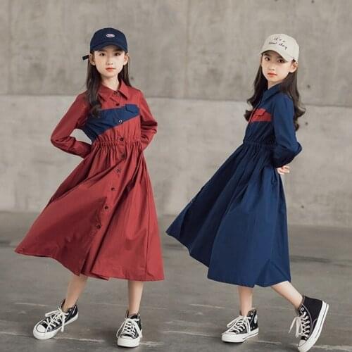 2021 New Teen Girls Dress Kids Autumn Clothes Children Cotton Midi Dresses Baby Button Clothing Two Colors Patchwork,#6430