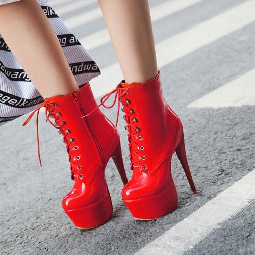 Sgesvier 2020 Winter Boots Women Sexy 16cm High Heels Platform Ankle Boots For Women Pu Leather Red White Fetish Shoes Woman