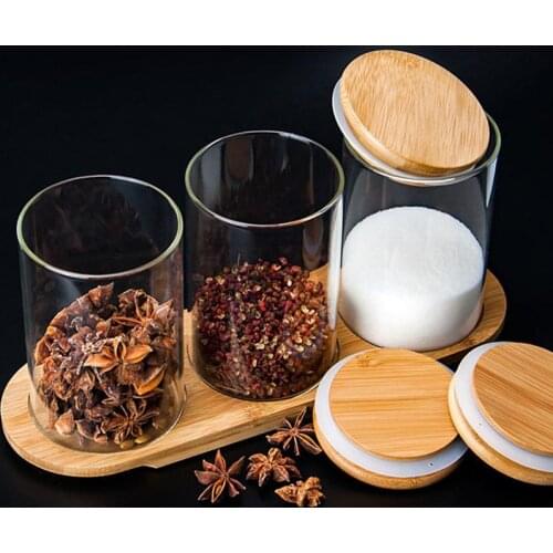 1 Set Glass Storage Jar with Banboo Lids Transparent Seasoning Bottle Bamboo Sealed Container Kitchen Seasoning Bottle Organizer