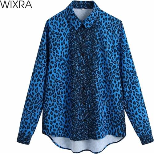 Wixra Womens Blue Leopard Loose Blouses Single-Breasted Female Stylsih Shirts New Fashion Spring Summer Tops
