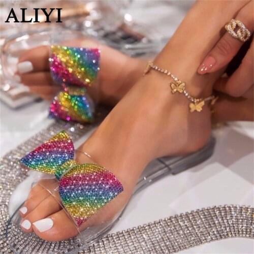 2021 Bow Sandals Women Summer New Bling Rhinestone Colorful Ladies Open Toe Casual Slippers Transparent Soft Bottom Slides