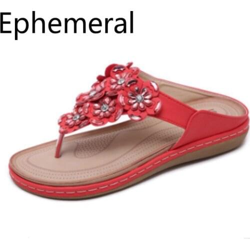 Lady Crystal Flower Slippers Summer Flip Flops Red White Black Flats Women Shoes Sweet Cute Wide Feet 42-35 Soft Sole 2020 Newet