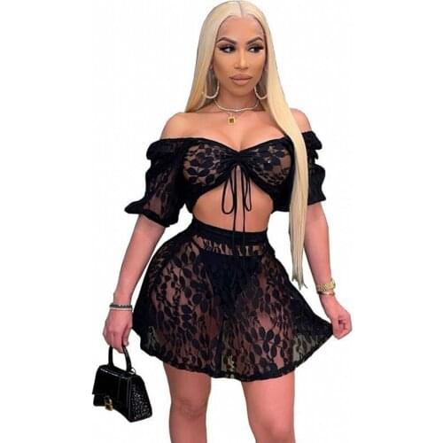 2 Piece Sets Women Off The Shoulder Short Sleeve See Through Tops And High Waist Skirts Sexy Set Casual Loose 2021 Summer