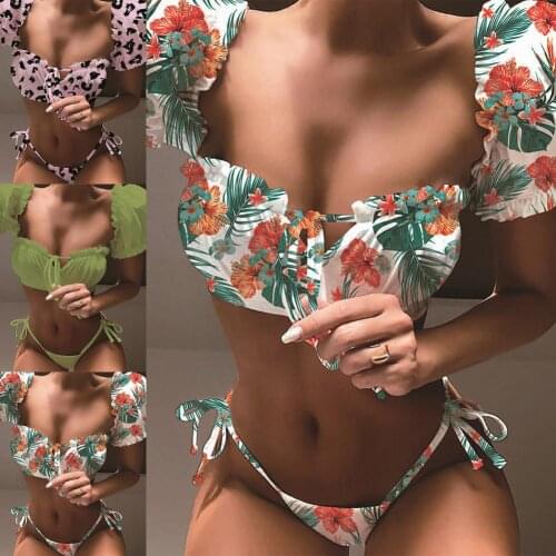 Women Sexy Swimsuit Puff Sleeve Low Waist Bathing Suit Women Bow Lace Up Padded Bikini Set Female Swimwear Summer Beach Wear