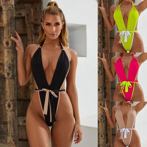 Womens Halter Bandage Tie Knot Deep V Backless One Piece Monokini Thong Swimsuit Strappy Swimwear Plunge High Cut Bathing Suits