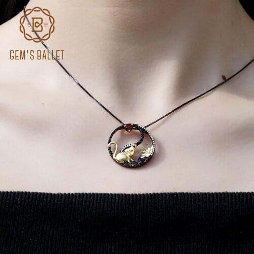 GEMS BALLET Yin and Yang Sun and Moon Chinese Zodiac Jewelry Natural Garnet 925 Sterling Silver Rat Pendant Necklace For Women