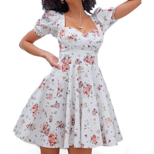 Women Puff Short Sleeve Sexy Square Neck Slim Midi Dress Boho Vintage Floral Print Backless Pleated Swing Sundress