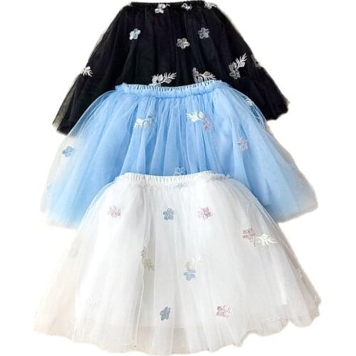 2021 Kid Girls Skirts Summer New Mesh Skirt 3D Embroidered Flowers Tutu Children Princess Fairy Skirt Toddler Dance Tulle Faldas