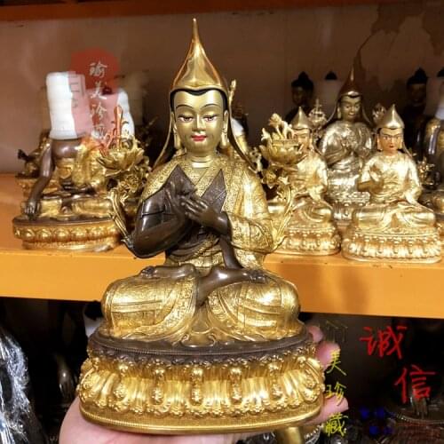 22CM large High-grade gold gilding Buddha brass statue HOME family effective protection Tibetan Nepal Gelugpa tsongkhapa Buddha